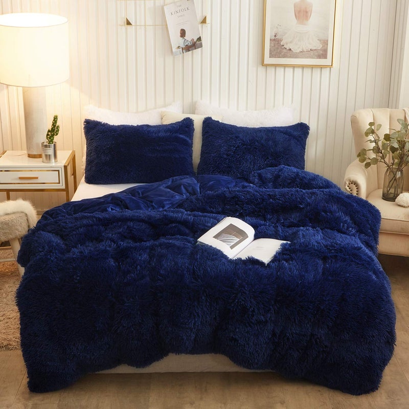 XeGe Plush Shaggy Duvet Cover Set, Luxury Ultra Soft Crystal Velvet Fluffy Bedding Sets 3 Pieces(1 Furry Faux Fur Comforter Cover + 2 Fuzzy Faux Fur Pillowcases), Zipper Closure(Queen, Navy Blue) - Image 1